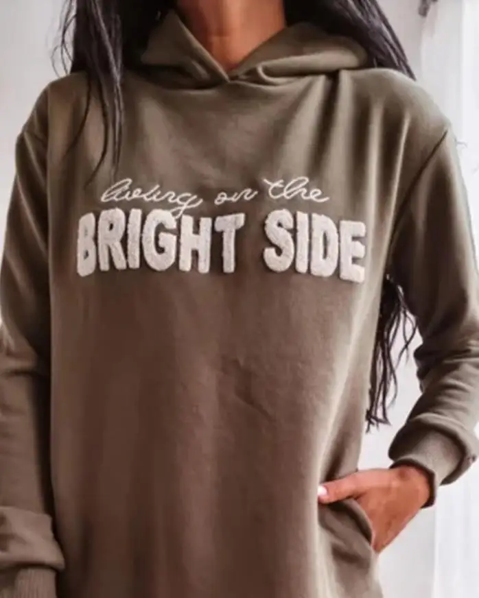 

Letter Embroidery Pattern Long Sleeved Pleated Dress Autumn Women's Casual Pocket Design Hooded Sports Long Sleeved Dress