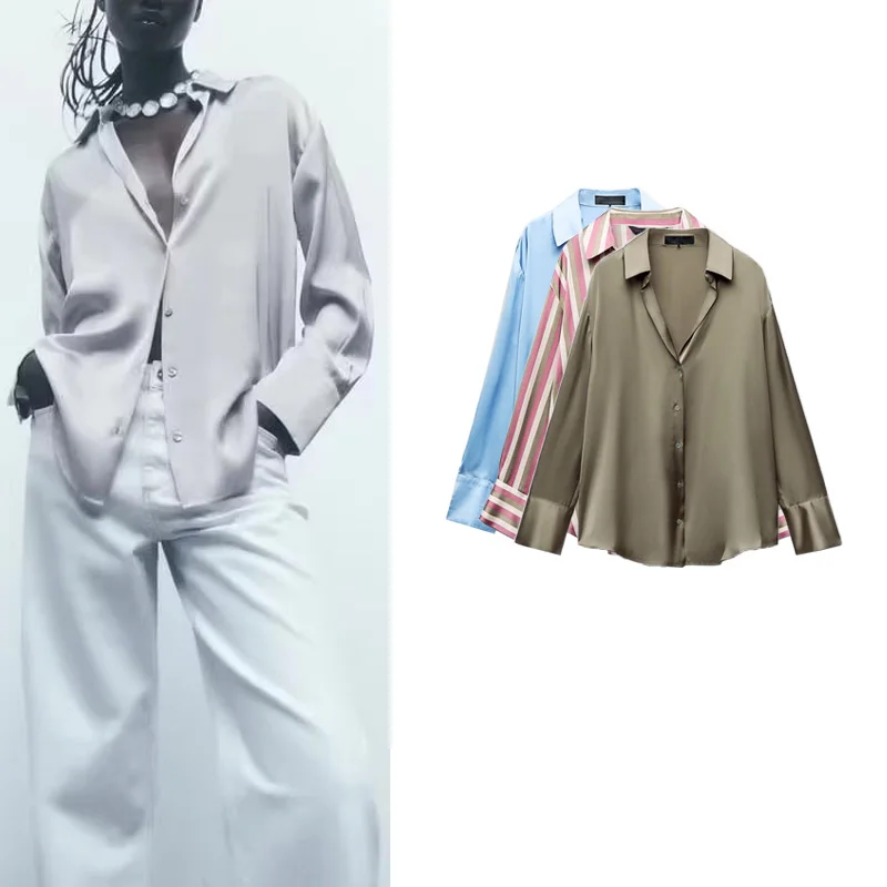 Classic Silk Satin Feel irt New Spring Collection Long Sve Polyester Fabric Women's Premium Faion Regular Length