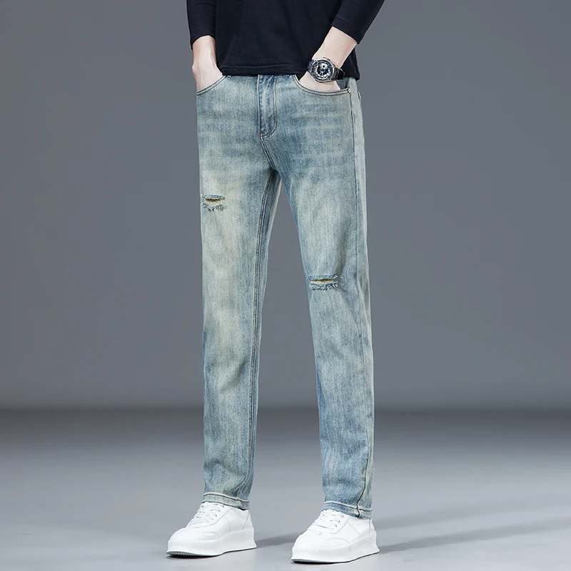 

Distressed jeans for men's summer straight fit 2024 new handsome men's casual pants skinny ripped jeans men streetwear men