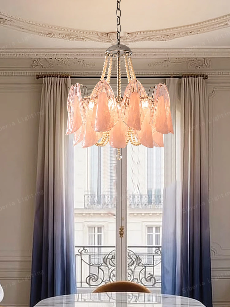 French Vintage Art Glass Chandeliers Romantic Pearl Strand Accent Hanging Lamp European Statement Pendant Light for Dining Room