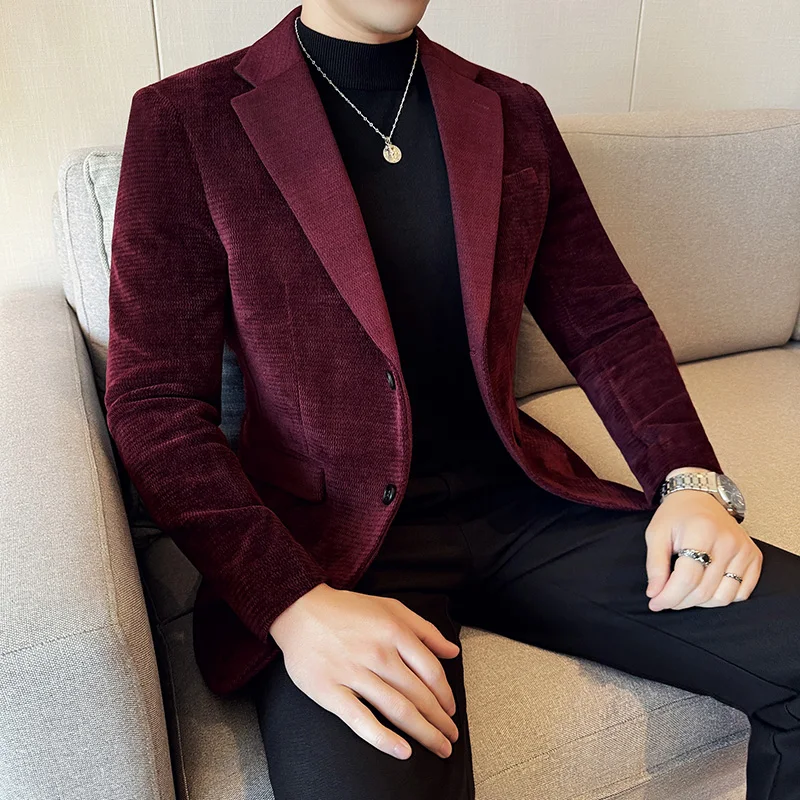 Chenille Blazer Jackets For Men Korean Popular Clothes Plain Color Mens Casual Blazers Slim Fit Business Formal Wear Suit Coats