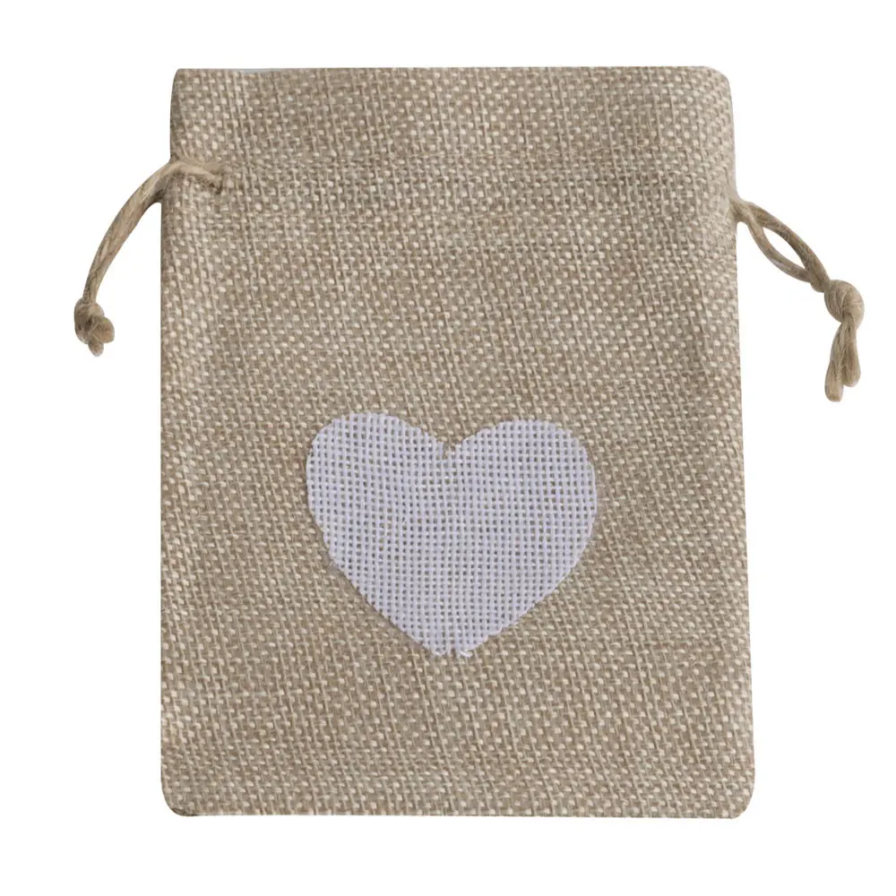 10pcs/lot Heart Flax Linen Drawstring Jute Bag for Ornaments