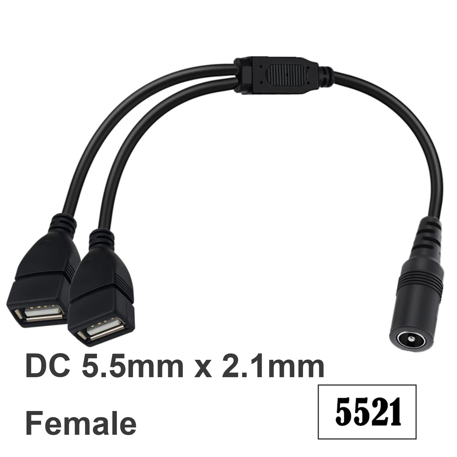 DC to Dual USB Y Splitter Power Cord DC 5.5mm X 2.1mm Female to 2 USB A Female Charging Cable Led Light Router Fan Phone Camera