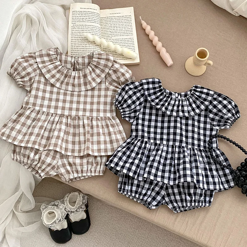 2024 New Summer Infant Baby Girls Clothing Set Short Sleeved Cotton Lattice Shirt+Shorts Toddler Baby Girl Clothes Suit