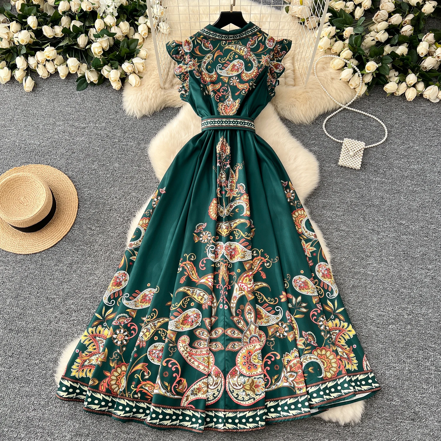 Elegant Print Single Breasted Sashes Vintage Turn-down Collar Collar Flying Sleeves Slim Long Dress Evening High Street Clothing