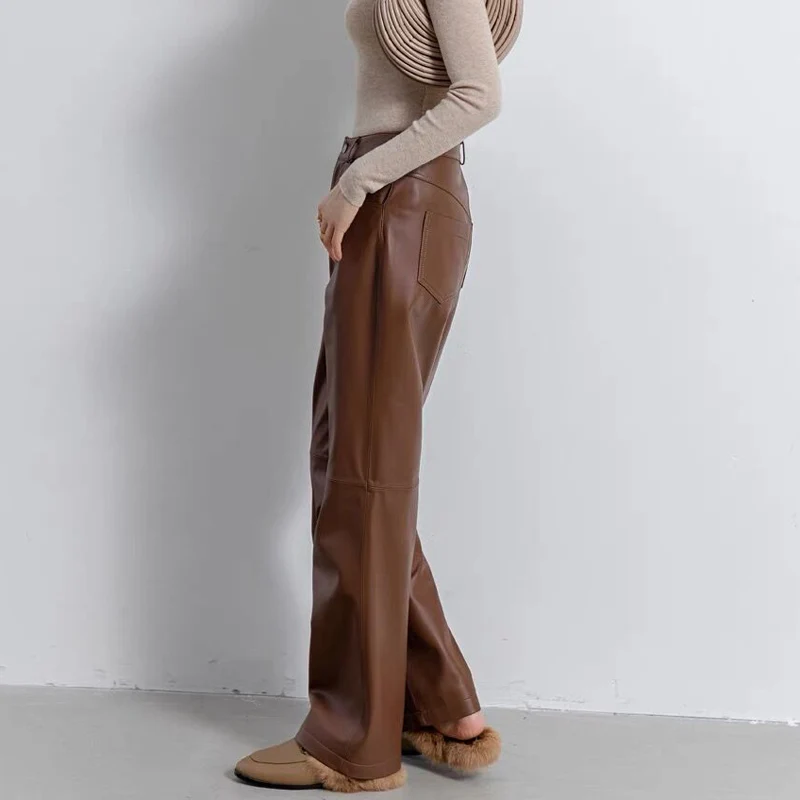 2024 Leather Long Pants Women New Commuter Waist Slim Sheepskin Wide Leg Full Length Straight Cylinder Trousers