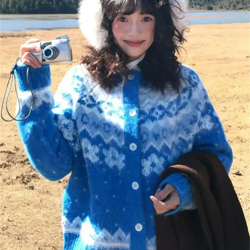 Fair Isle Jacquard Girl Sweater Autumn Winter Lazy Style Cardigan Loose Soft and Sticky Keep Warm Tops Fashion Woman Knitwear