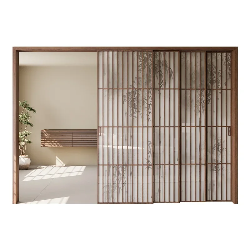 New Chinese bamboo shadow glass door kitchen balcony living room partition sliding door retro grille Song's aesthetic sliding