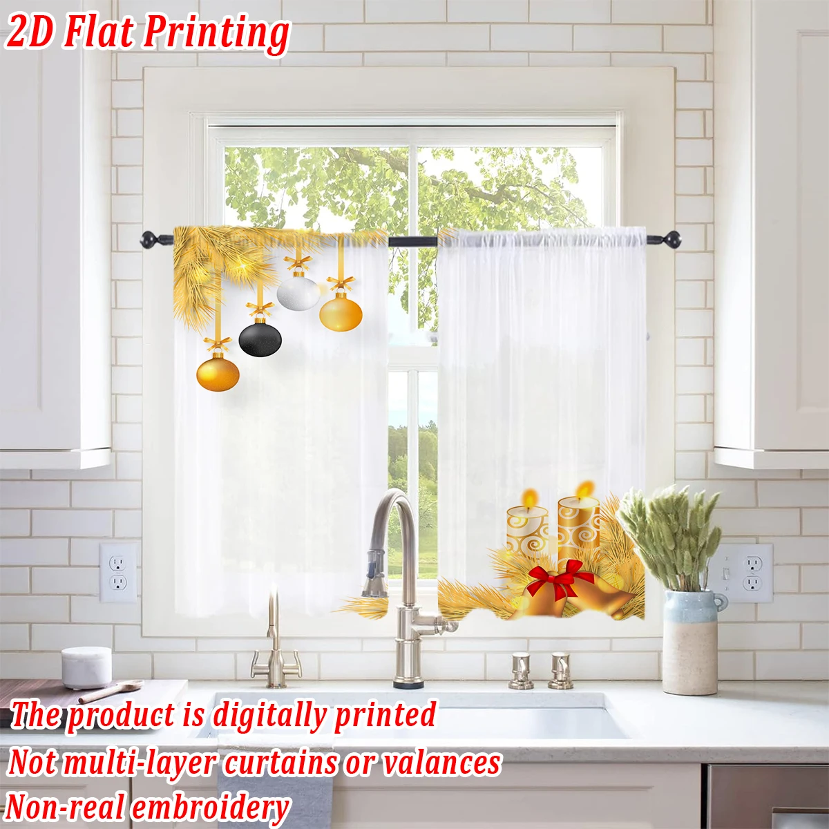Christmas Flat Printing Kitchen Sheer Curtain with Merry Christmas Ball Candle Ornament For Christmas Home Decor  Party
