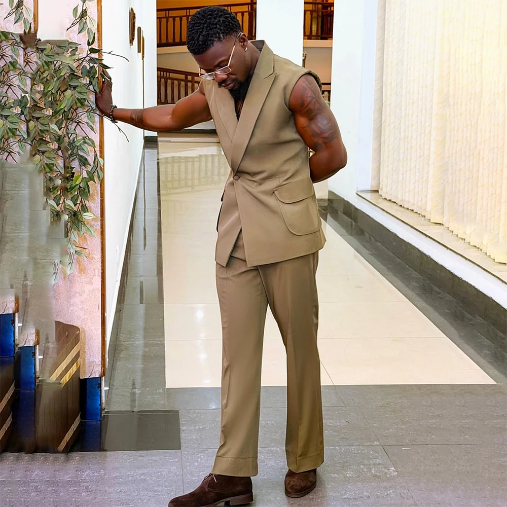 Summer Sleeveless Men's Suits Elegant One-Button Peak Lapel Blazer Casual Chi 2 Piece Jacket Pants Full Sets Male Clothing