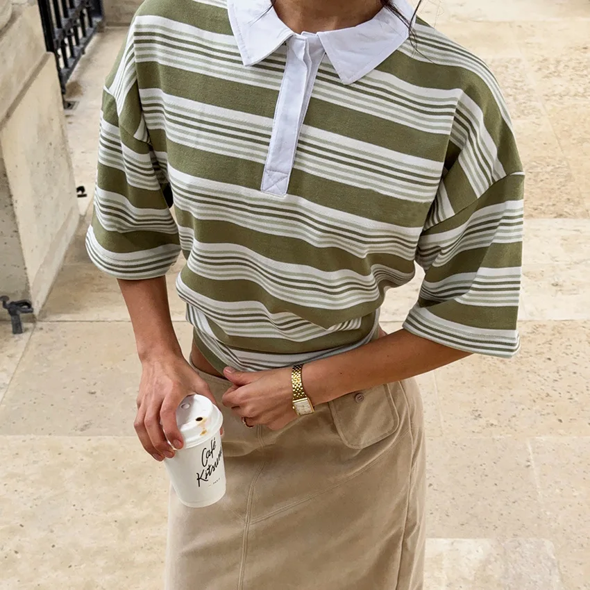 Striped Polo Neck T-Shirt Fashion Top Women's Spring/Summer 2026 New