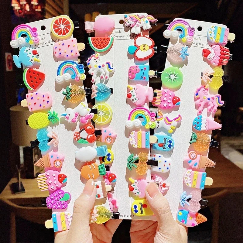 10Pcs/lot Cartoon Hair Clips for Girl Ice Cream Unicorn Kids Lovely Hairpin Barrettes Children Hairgripes Dress Hair Accessories