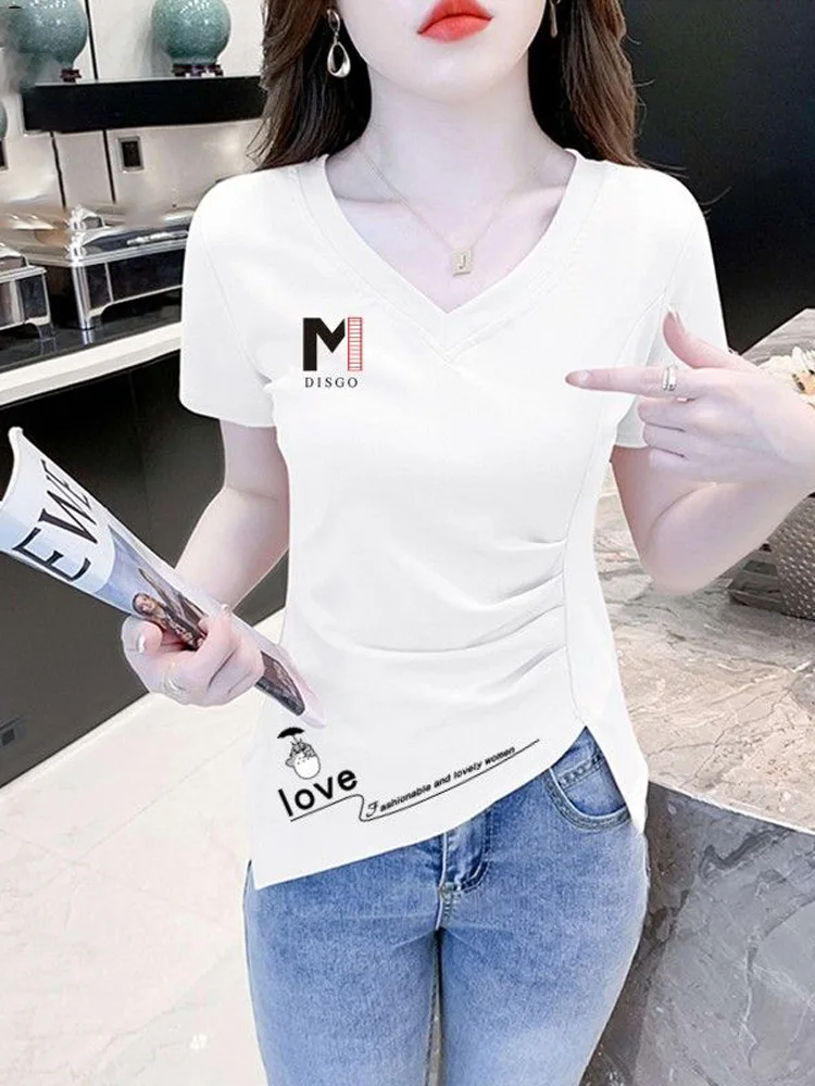 T-shirt V-Ne ort Sve in puro cotone da donna Summer Slim Fit Faionable Top Design Sense Irregolare Creative Sle