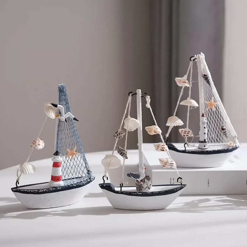 Handmade Wooden Sailboat Model Retro Ocean Nautical Decor Ornament with Shell Starfish Lighthouse Home Craft Gift