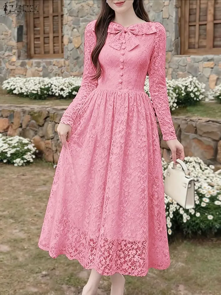 ZANZEA 2026 Frühling Spitzen-Patchwork-Kleider Damen Elegantes Langarm Besticktes Partykleid Robe Femme A-Linie Tailliertes Sommerkleid