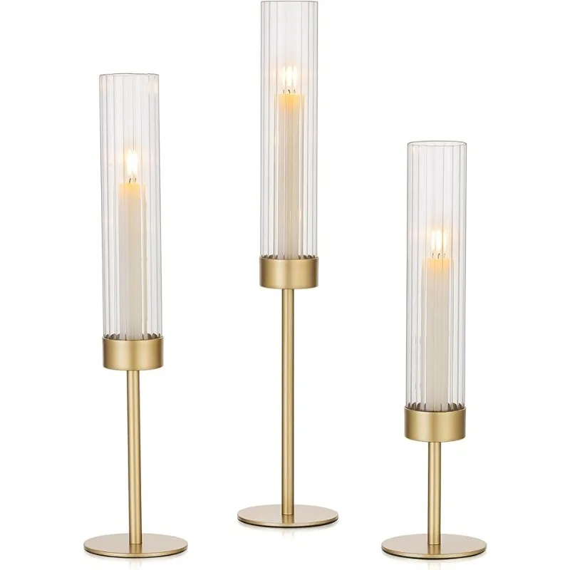 

Gold Hurricane Candle Holders,Brass Candlestick Holders Set of 3 Tall Taper Candle Holders for Candlesticks Candle Sticks Holder