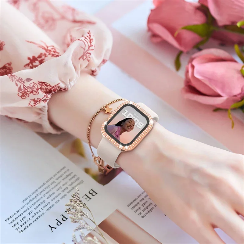 Bling Glass+Cover For Apple Watch Case 44mm 45 41mm 40mm 44 mm women Diamond bumper+Screen Protector iwatch series 7 9 8 5 6 SE