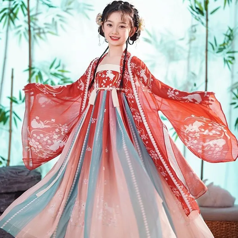 Vestido Hanfu estilo chinês para meninas, trajes cosplay, desgaste do palco, vestido de dança infantil, formatura de aniversário formal, vermelho