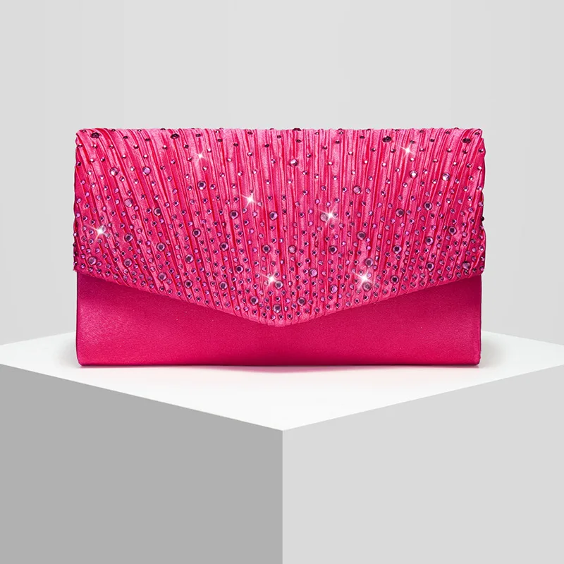 Peacock Blue Satin Envelope Clutch Bag Sparkling Rhinestone Pleated Evening Handbag Women Wedding Party Purse Fuchsia Bolsas