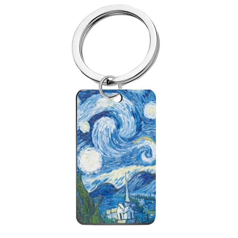 World Famous Painting Key Chain Van Gogh Monet Oil Painting Car Keyring  Stainless Steel Retro Bag Pendant Decoration Women Gift