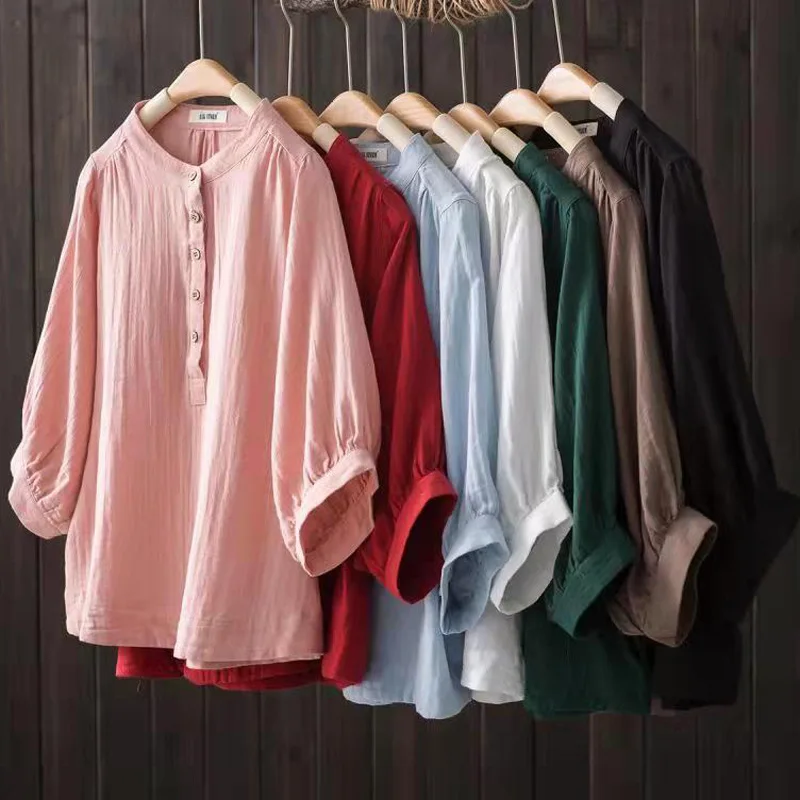 Blus wanita benang katun 100%, Kemeja & blus untuk wanita musim panas, kemeja lengan tiga perempat musim panas