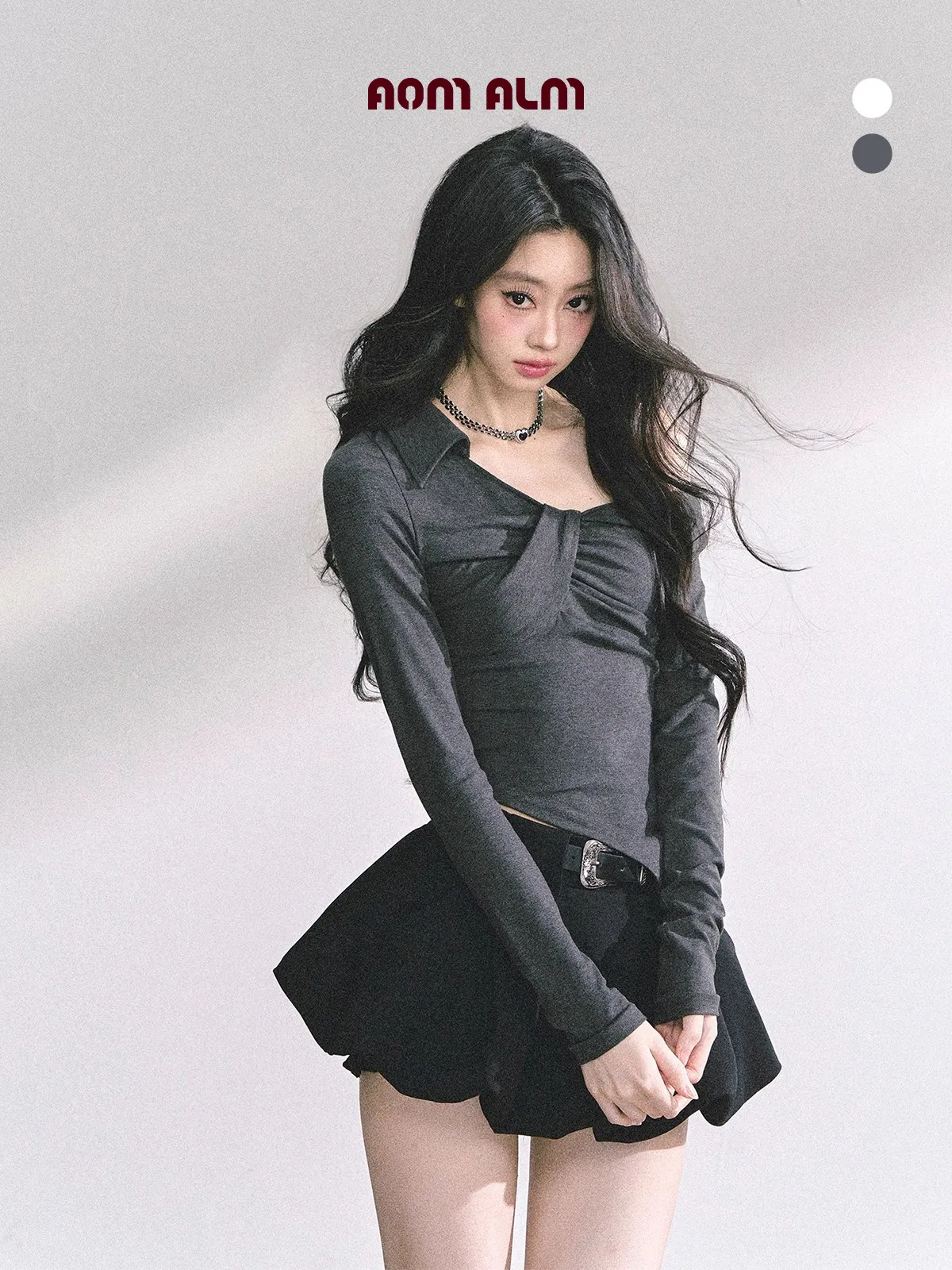 AOMALM Spicy Girl Shoulder Bared Long Sleeve T Shirt Women Short Style Grey Top Irregular Hem Commute Style Slim Fit Ladies F...