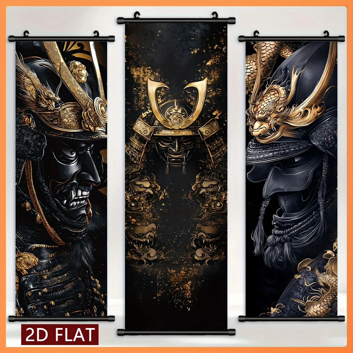 VIKAMA Black Gold Warrior Armor Scroll Tapestry, HD Fade Resistant Wall Scroll Painting, Home Decor for Living Room