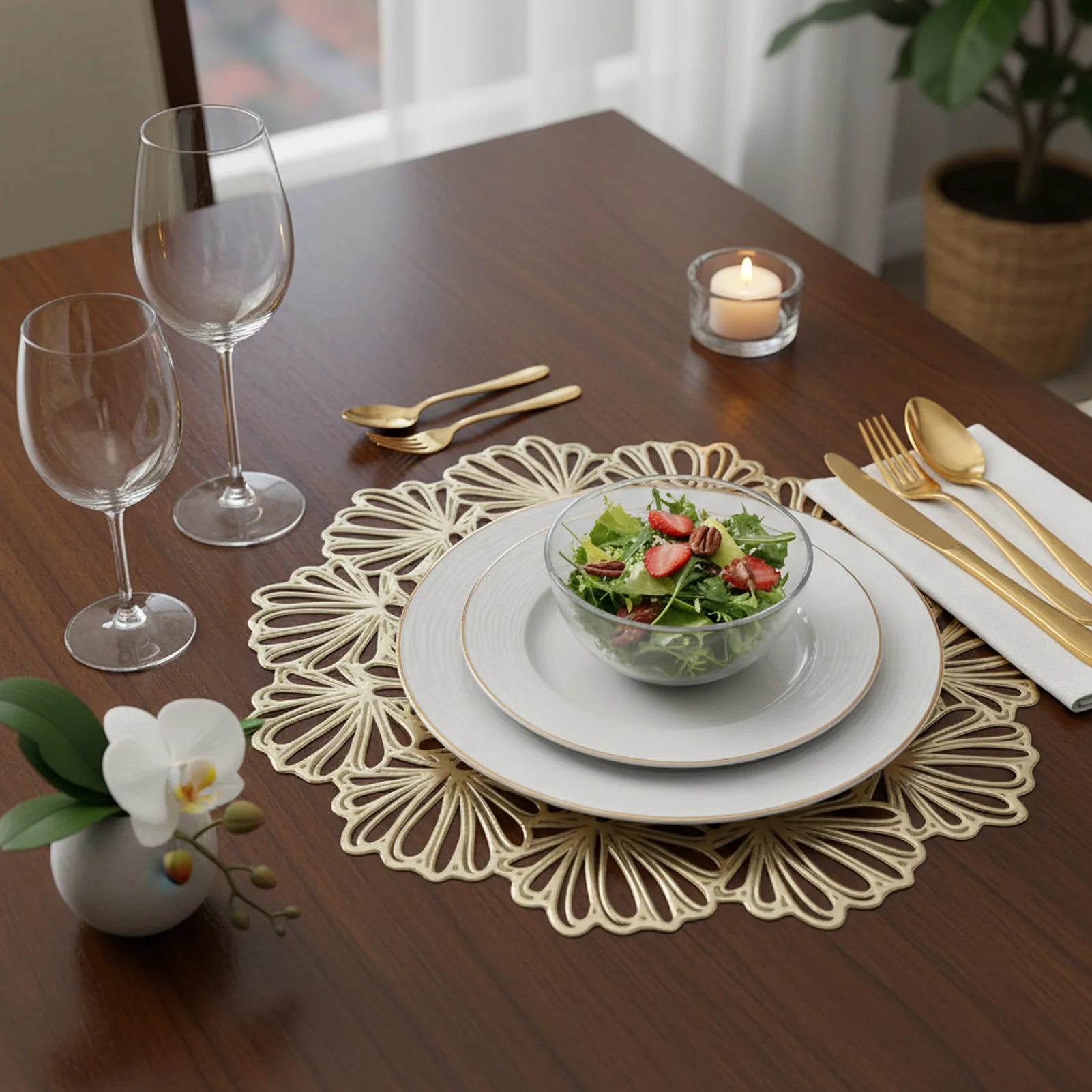 Dining Placemat Heat Resistant Table Mat for Kitchen Dining Room Gold Foil PVC Plate Mat Anti Slip Luxury Table Protector