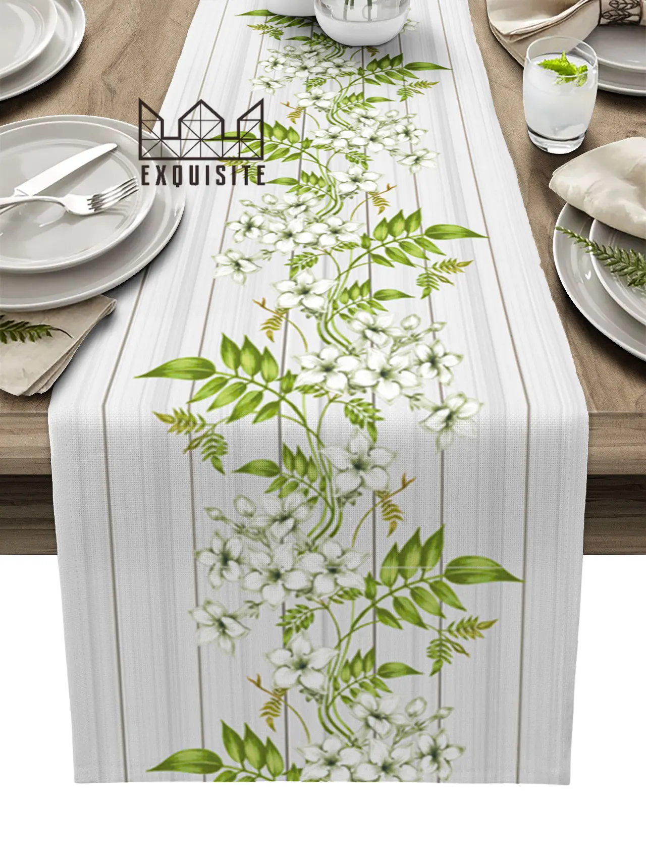 Vintage Illustration Watercolor Plant Jasmine Wood Grain Table Runner Wedding Decoration Tablecloth Kitchen Dining Placemat