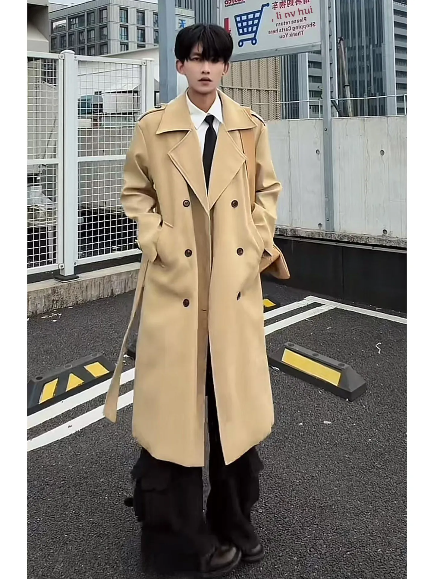 

Khaki Double-Row Button Long Cotton-Padded Men's Coat Autumn Winter Youth Faion Over-Knee Briti Sle Windbreaker