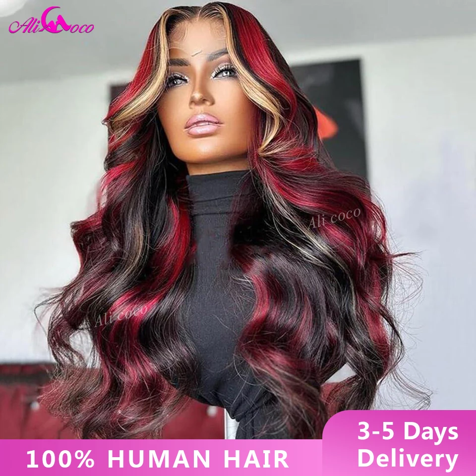 Black Red Blonde Highlight Wig Human Hair 13X4 Transparent Lace Front Human Hair Wigs Pre Plucked 180% Density Highlight Red Wig