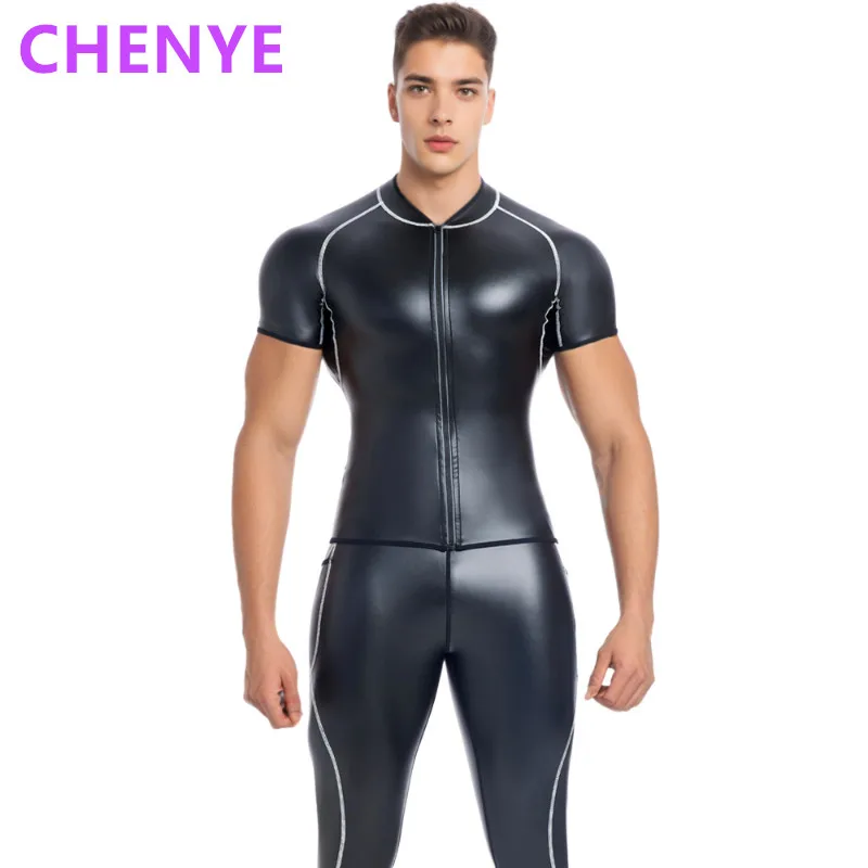 

Мужские топы из искусственной кожи Кожаная куртка Белая линия Рубашка из искусственной кожи с коротким рукавом Мужской формирователь талии Корсеты Рубашка на молнии