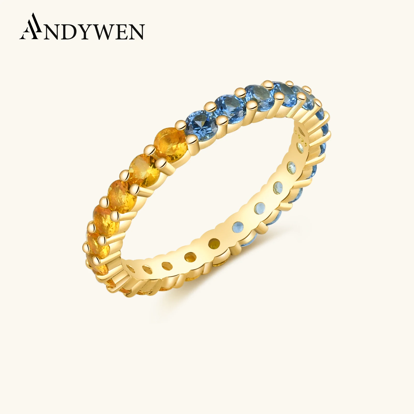 

ANDYWEN New 925 Sterling Silver Size 5 to 9 Round Aquamarine Blue Yellow CZ Zircon Ring Women Rainbow CZ Fine Jewelry Gift