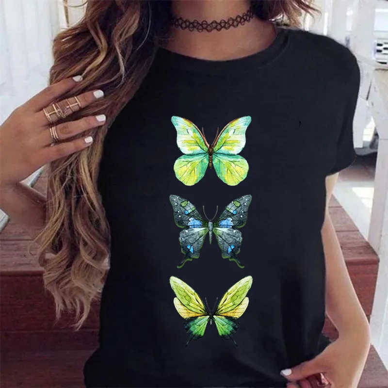 Woman Butterfly Tree Print Harajuku Summer Tshirts Casual Round Neck Short Slee Top Tee Shirt Women Black T-shirt Drop Ship