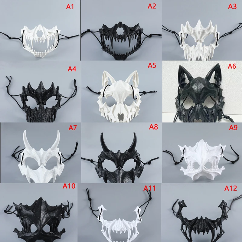 Skull Mask Party Long Teeth Demon Skeleton Half Face Mask Wolf Dragon Tiger Houjuu Nue Mask Cosplay Halloween Costume Props