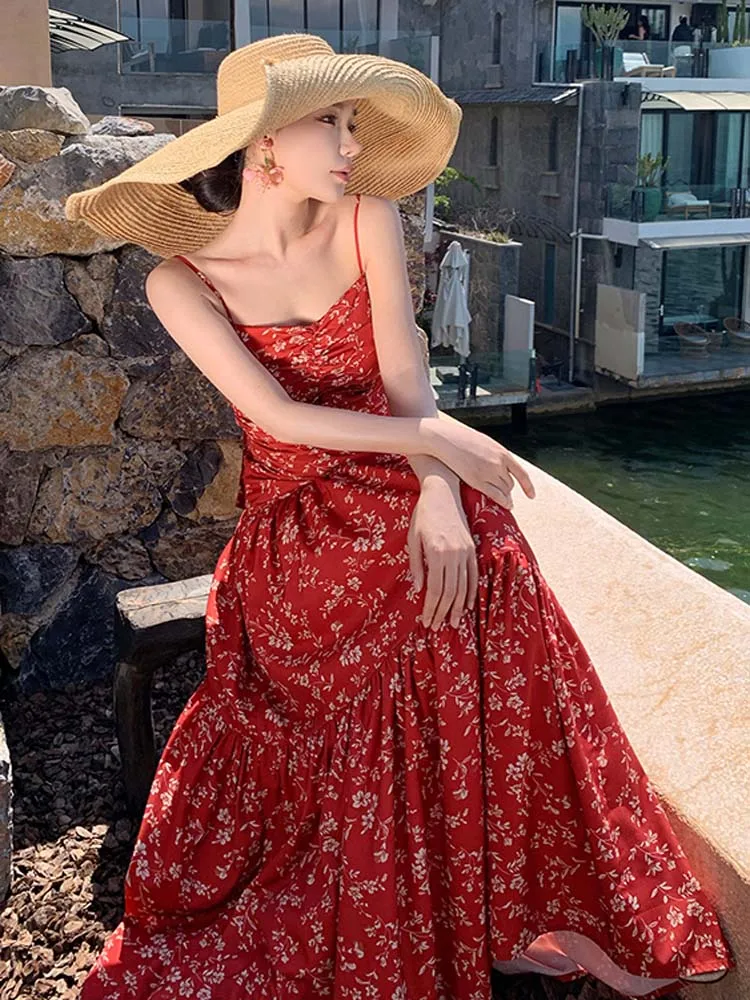 Elegant Boho Flowers PrintLong Dress Ladies Spaghetti Strap Sexy Bowknot Backless Pleated Slim Design Summer Beach Long Dress