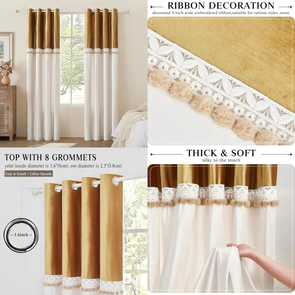 

Elegant Farmhouse Style Velvet Curtains, 108" Long, 2 Panels, Gold and Ivory, with Blackout and Lace Detail for Living Room