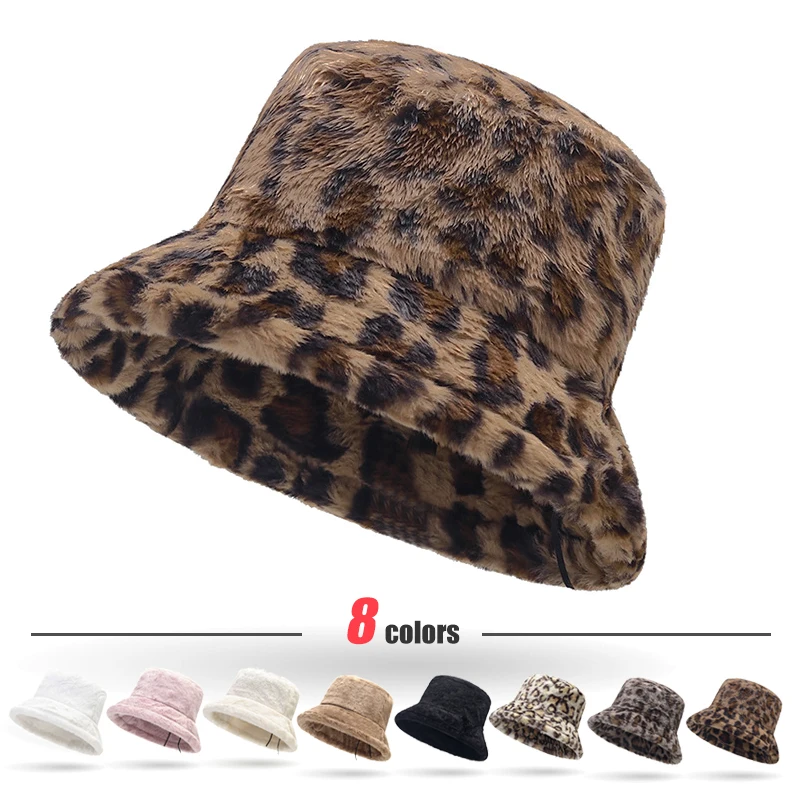 New Autumn and Winter Lady Thick Warm Skin-Friendly Soft Plush Bucket Hat Leopard Print Bucket Hat