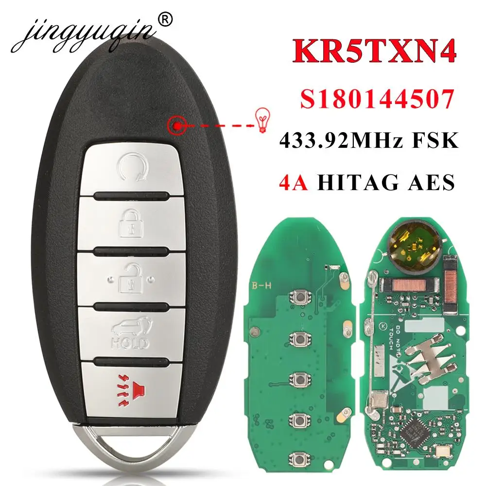 

jingyuqin KR5TXN4 S180144507 Smart 5 Button Key for Nissan Rouge 2019 2020 2021 Kicks 433Mhz 4A HITAG AES NCF29A1M 285E3-6RR7A