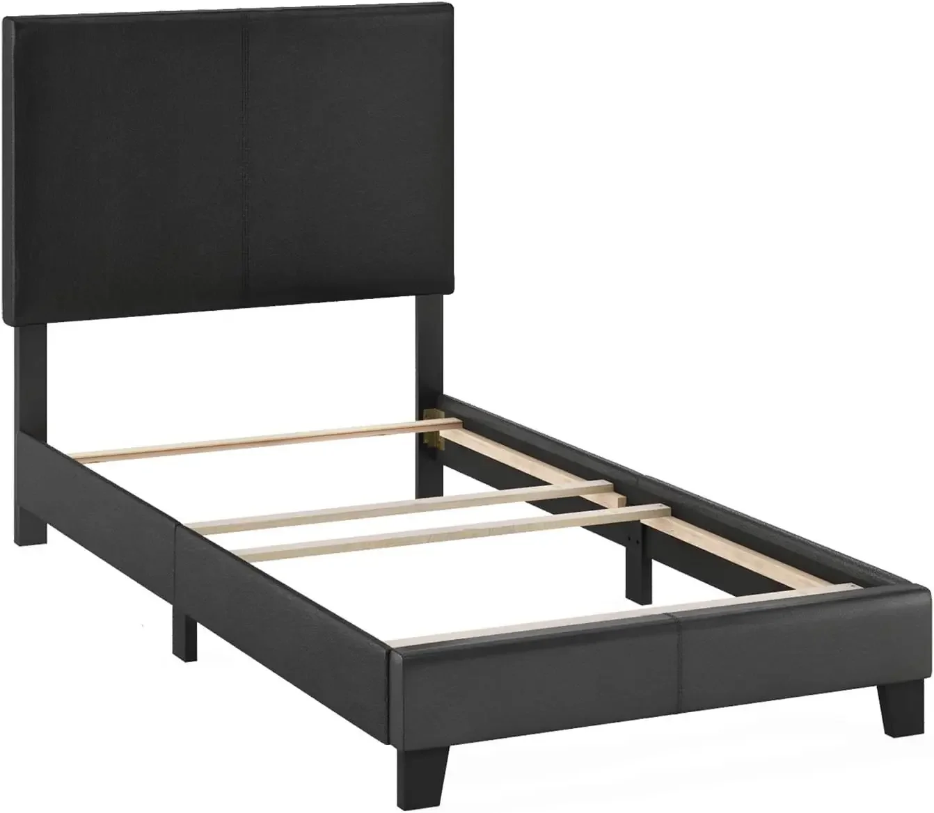 Twin PU Leather Upholstered Platform, Headboard Fill with Foam, Lightweight, Sturdy & Durability, Squeak Resistant, Black