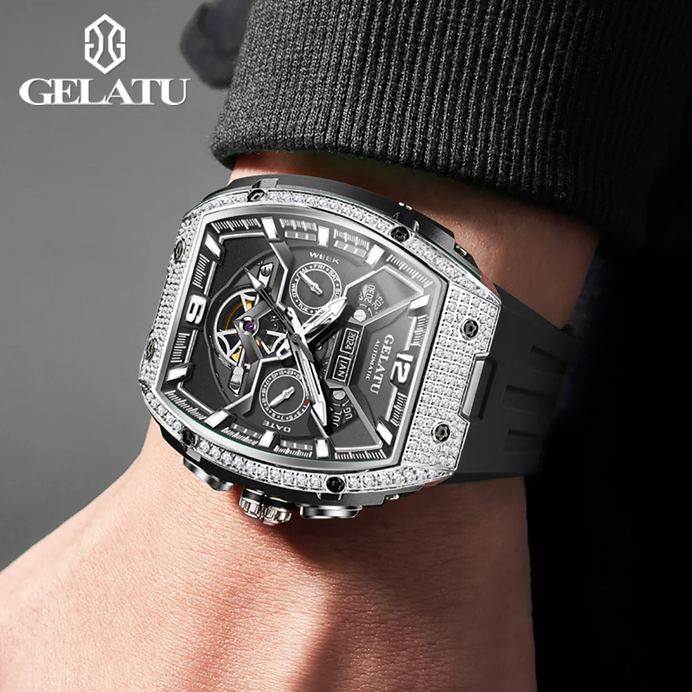 GELATU 6016 Big Dial Hollow Mechanical Couple Watch For Men Women Diamond Silicone Strap Automatic Wristwatch Waterproof Watch