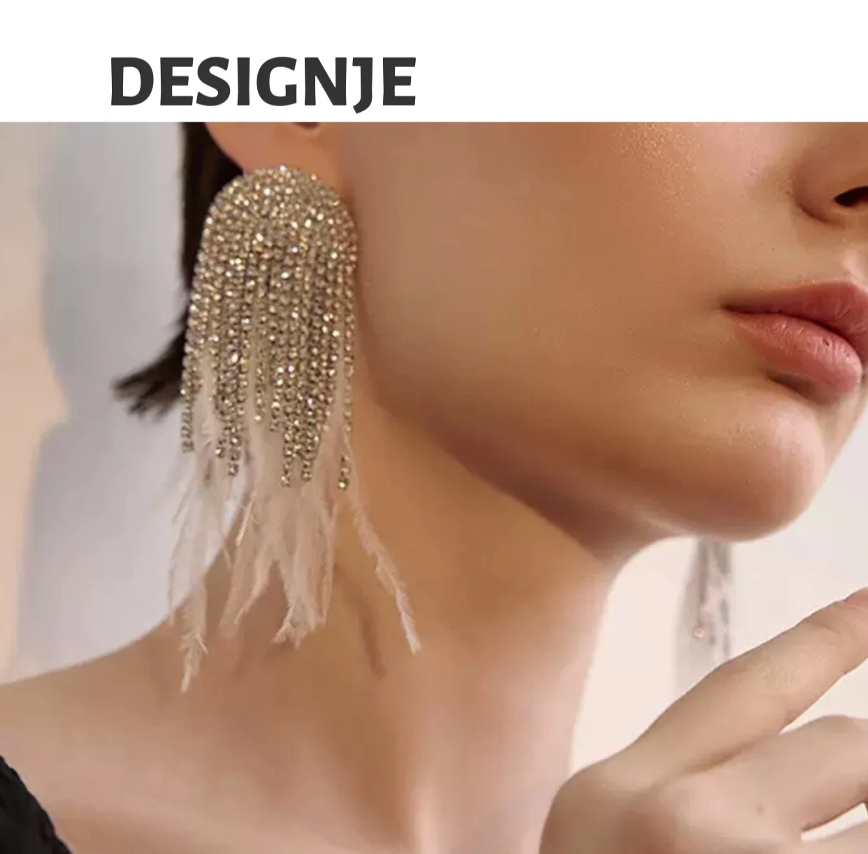 

[Charm] European and American luxurious and high-end sparkle diamond and feather earring, elegant style, evening party, tassel