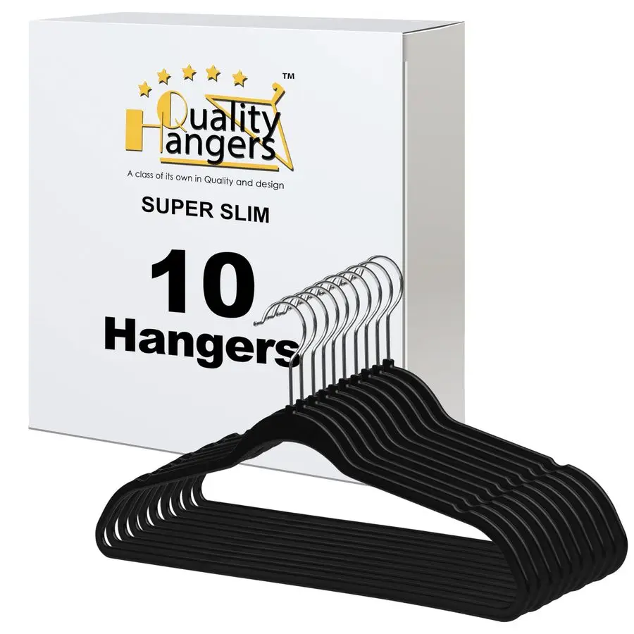 

10 Pack Slim Plastic Hangers for Clothes 16.5 Wont Crease Your Clothes, Heavy Duty NonVelvet Black Hangers, 360 Swivel Chrome Ho