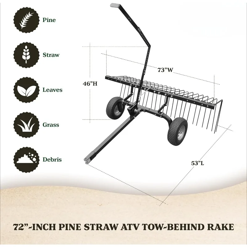 72 Inch Heavy Duty Durable Steel Pine Straw Rake with Wheels, Lift Handle, 28 Spring Steel Tines, and Hitch for ATV, UTV