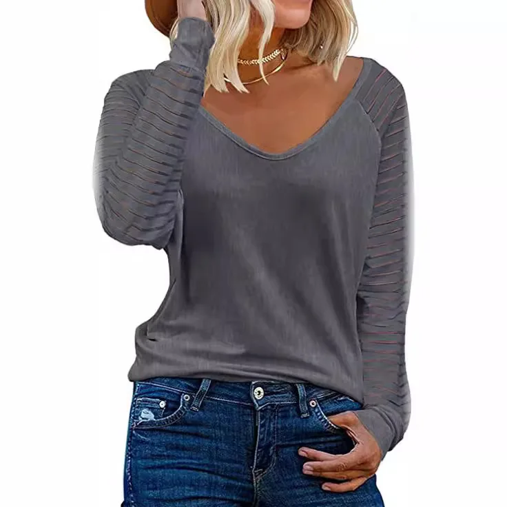 Spring Autumn Women\'s Top With Sleeves Spliced Long Sleeved Top Striped Casual Loose Shirt T-shirt V-neck T-shirts For Women