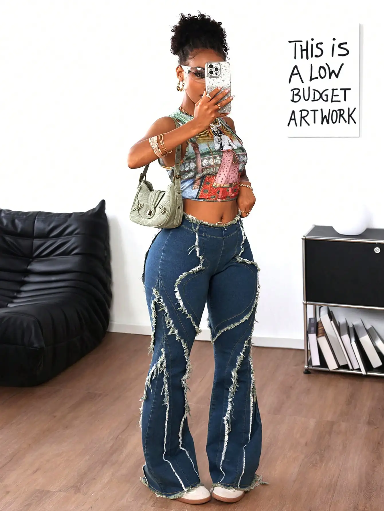 여성용 하이웨이스트 플레어 데님 진, 디스트레스드 프레이드 디테일, 캐주얼 스트리트웨어 스타일