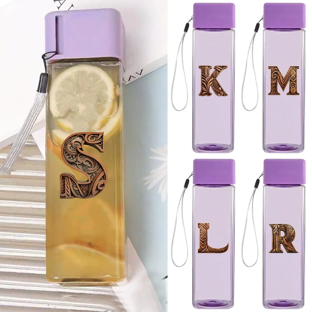 

Cute Purple Square Clear Plastic Water Bottle With Lanyard Aesthetic Drinking Tumbler For Travel Wood Art Letter Pattern
