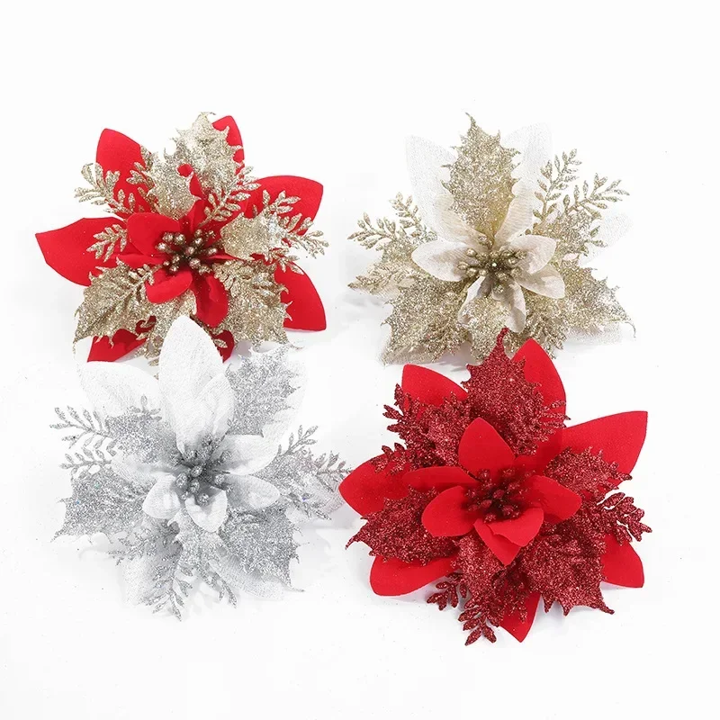 5/1pcs 14cm Glitter Artificial Christmas Flowers Christmas Tree Ornaments Merry Christmas Home Decorations New Year Gifts