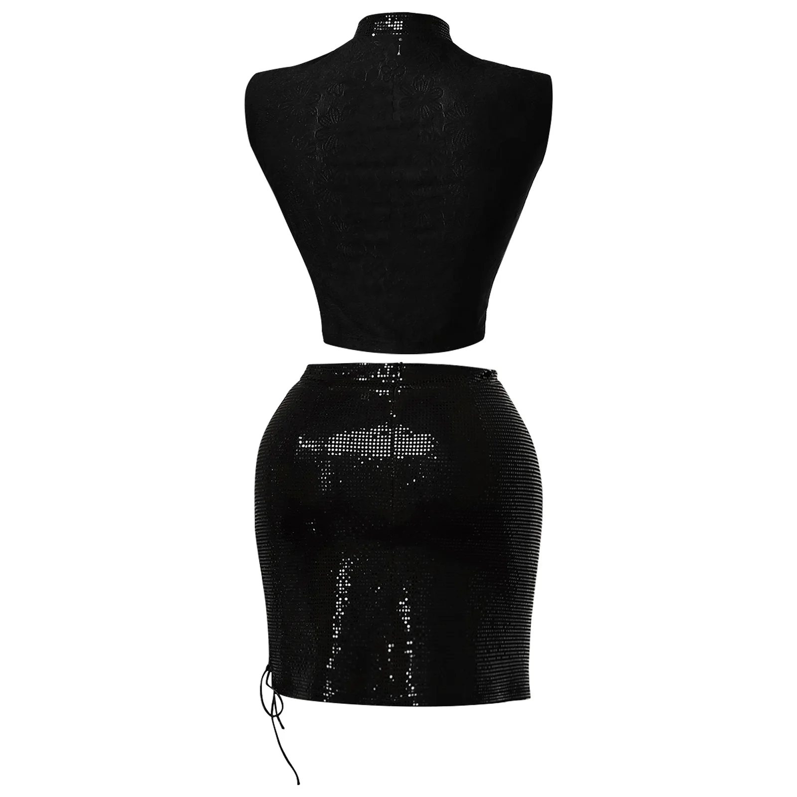 Womens Fashion Elegant Club Party Costume Deep V Neck Sleeveless Sequin Crop Top with Skirt for Female Night Raves Daily Wear