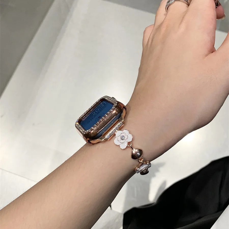 Metal strap for Apple watch band camellia bracelet chain fashion iwatch87654321SE38 40 41 42 44 45 49MM women sweet flower wrist